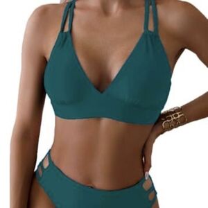 Women's Teal V-Neck Strappy Bikini Set
